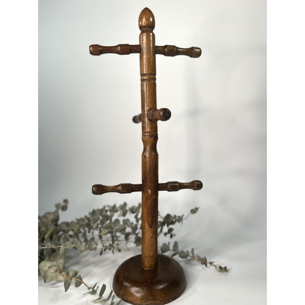 Vintage Wooden 6 Peg Coffee Mug Rack Tea Cup Holder Hard Wood Tree Stand Cottage
